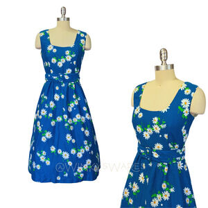 Vintage Malia Honolulu Fit & Flare Floral Print Midi Dress Size M L Blue Daisy